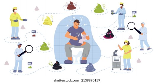 Poop composition with flat isolated icons of colorful poop piles characters of doctors and suffering patient vector illustration