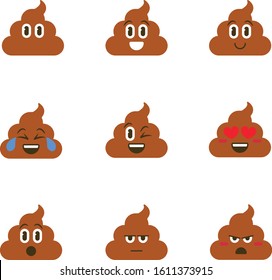 Poop Emoji Funny Happy Cute Set. Smiling faces symbols emoticons. Vector illustration. Smile, laugh, mad, wink, heart expressions.