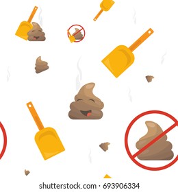 Poop Emoji Seamless Vector Pattern: poo mascot or shit character, shovel and no pooping sign.  