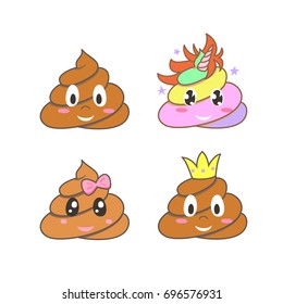 Poop emoji stickers. Unicorn poop emoticon. Vector illustration.