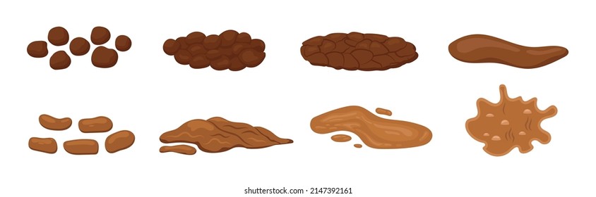 Poop excrement for bristol scale chart. Different type of poo - hard, soft, watery cartoon vector icon isolated on white background. Brown heap of shit . Flat design vector clip art poo illustration.