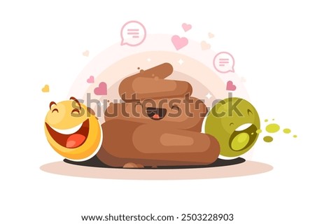 Poop icon character. Funny vector illustration of a smiling poop icon with laughing and disgusted faces.