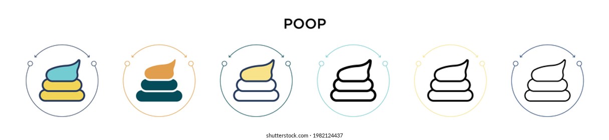 Poop icon in filled, thin line, outline and stroke style. Vector illustration of two colored and black poop vector icons designs can be used for mobile, ui, web