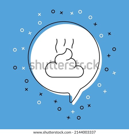 Poop icon in white speech bubble with decorative elements on a blue background. Modern graphic announcement with thin line symbol. Vector illustration EPS 10