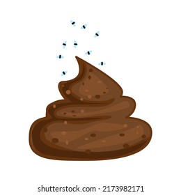 Poop Isolated On White Background. Shit With Flies Icon. Bunch Of Brown Dung. Pile Of Dog Crap. Cartoon Style Feces. Insects Flying Around The Dark Stinky Excrement. Stock Vector Illustration