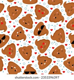 Poop seamless pattern. Vintage poops smile background. Fabric texture, decorative humor print with cartoon happy face. Decent vector graphic art