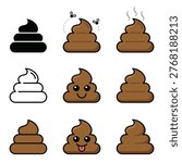 Poop symbol icon collection in flat vector style for bathroom communication, hygiene, waste, sanitation, and emojis.
