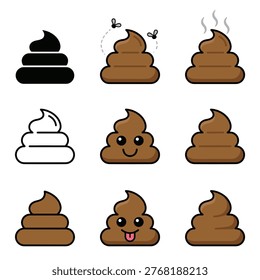 Poop symbol icon collection in flat vector style for bathroom communication, hygiene, waste, sanitation, and emojis.