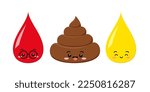 Poop urine and blood baby emoji cute smiling testing character cartoon emoticon. Kawaii funny heap of shit yellow pee drop, red blood with face. Flat vector clip art illustration.
