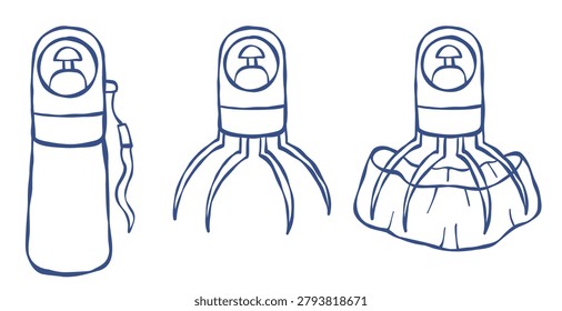Pooper Scooper Set For Dog Waste Removal. Portable Handheld Tool For Pet Hygiene And Cleanliness. Isolated Outline Hand Drawing Doodle. Vector Illustration For Ecological Waste Management