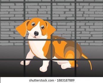 A poor abandoned homeless dog in the animal shelter cage. Vector illustration to popularize the adoption of homeless animals.