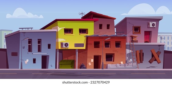 Poor abandoned houses in ghetto district. Vector cartoon illustration of cityscape with slum buildings, cheap shacks with dirty damaged facades, boarded windows, trash containers. Criminal area