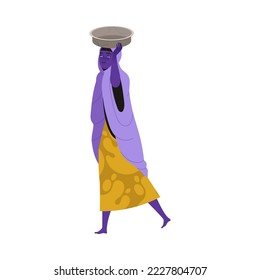 Poor African Woman Walking with Empty Utensil Suffering from Food Crisis and Shortage Vector Illustration