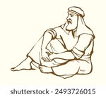 Poor alone calm rural prayer guy rest white past Asian eastern dress cloth.  Worry stress Jew seat street ground floor tell dream speak pray God retro hand drawn Islam faith crisis history story art