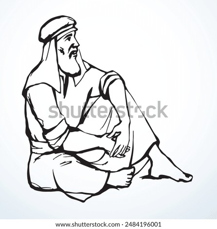 Poor alone calm rural prayer guy rest white Asian eastern dress cloth.  Worry stress Jew rest seat street ground floor tell dream speak pray God retro hand drawn Islam faith crisis history story art