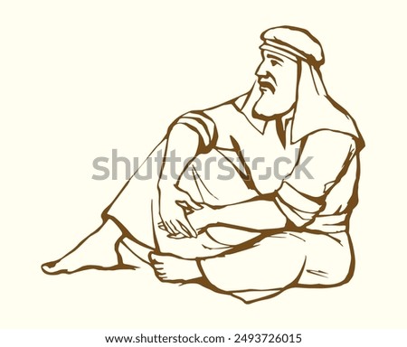Poor alone calm rural prayer guy rest white past Asian eastern dress cloth.  Worry stress Jew seat street ground floor tell dream speak pray God retro hand drawn Islam faith crisis history story art