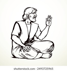 Poor Arabian rural prayer guy Jonah tell answer no help job white Asian eastern robe cloth. Fear not problem worry grief male Jew tramp rest seat pray God retro hand drawn Islam faith crisis story art