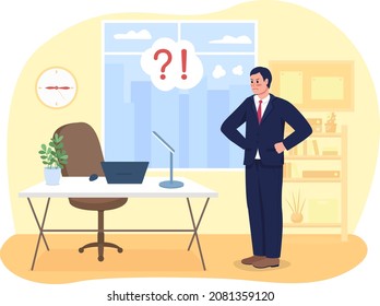 Poor attendance at work 2D vector isolated illustration. Employee late to office. Absent worker. Angry boss flat characters on cartoon background. Corporate work challenges colourful scene