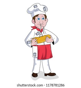 Poor baker happy taking smell of a hot bread in hand