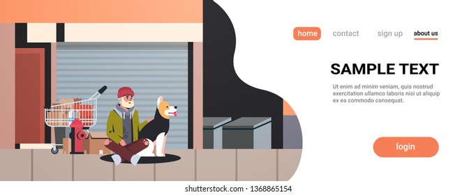 poor bearded man sitting with dog beggar guy embracing animal best friend homeless concept city street buildings exterior background horizontal full length copy space