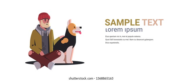 poor bearded man sitting with dog beggar guy embracing animal best friend homeless jobless concept white background horizontal full length