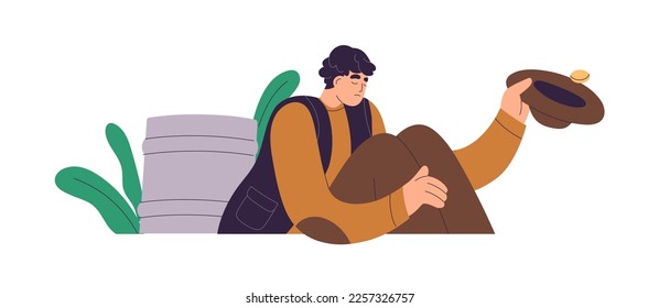 Poor beggar, homeless needy man asking for help, money, charity. Hungry unemployed person in need, begging, sitting with hat for change. Flat graphic vector illustration isolated on white background