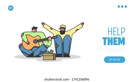 Poor beggers need help. Homeless donation, charity and volunteering concept. Template landing page. Cartoon unemployed tramps or refugees playing guitar and begging money. Vector illustration