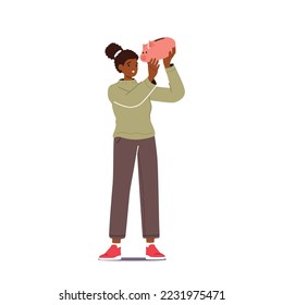 Poor Black Woman Shaking Empty Piggy Bank In Hands Searching Money. African American Female Character Financial Problem, Bankrupt, Jobless, Bankruptcy or Debt Cartoon People Vector Illustration