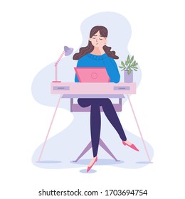 A Poor Bored Or Tired Office Woman Or Working From Home. She Is Overloaded, Unhappy And Probably Can't Handle Deadlines To Finish The Task. Cartoon Flat Vector Illustration.