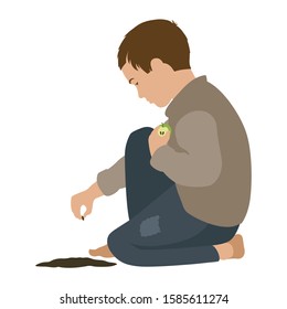 Poor Boy planting an apple seed in the ground. Isolated Vector Illustration on a white background