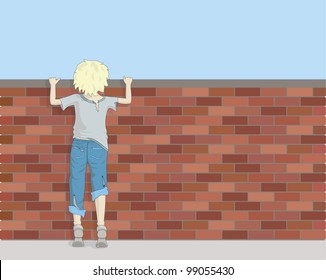 A Poor Boy in Ragged Clothes Looks over a Brick Wall