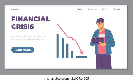 Poor broke man holding empty wallet website banner. Financial crisis flat vector illustration. Character in trouble with money, bar chart goes down.