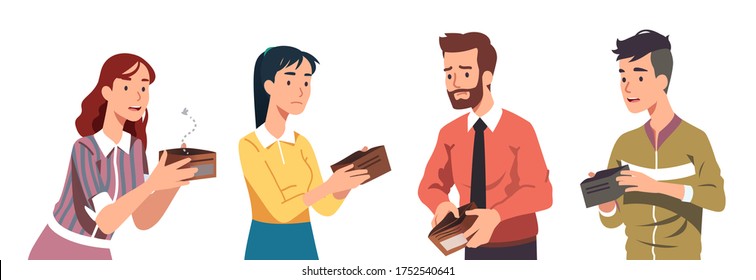 Poor broke men & women holding empty wallets set. Sad casual & business people have no money. Financial problems, crisis, unemployment, poverty, bankruptcy flat vector character isolated illustration