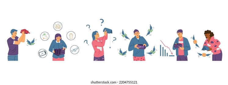 Poor broke people with empty wallet after financial crisis or layoff, flat vector illustration isolated on white background. People bankrupts due to financial crash.