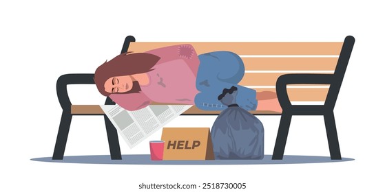 Poor bum female character in dirty ragged clothes sleeping on bench. Woman pauper live on street outdoors. Homeless people concept. Vector Illustration