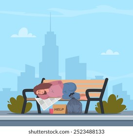 Poor bum female character in dirty ragged clothes sleeping on bench. Woman pauper live on street outdoors. Homeless people concept. Vector Illustration