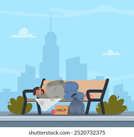 Poor bum male character in dirty ragged clothes sleeping on bench. Man pauper live on street outdoors. Homeless people concept. Vector Illustration