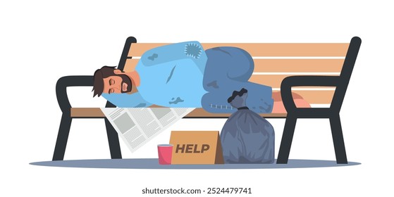 Poor bum male character in dirty ragged clothes sleeping on bench. Man pauper live on street outdoors. Homeless people concept. Vector Illustration