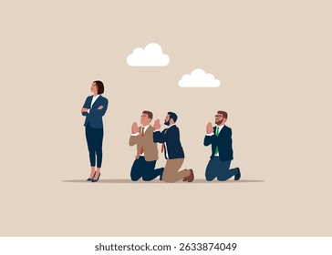 Poor business people begging woman hand and attention. Employees is afraid of the big boss foot. Demoralised employee. stress with boss's. Flat vector illustration