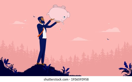 Poor businessman of African American ethnicity - Man holding empty coin bank upside down looking for money. Poverty and financial trouble concept. Vector illustration.