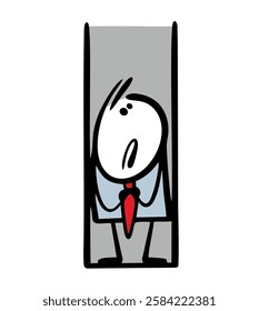 Poor businessman fell into a psychological trap. Vector illustration of a man sitting in a narrow hole and unable to get out. Struggle with complexes and fears. Isolated funny character on white.