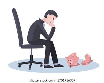 Poor businessman is looking at a broken empty piggy bank. Business ruin, poverty, lack of savings concept illustration. Isolated on white background