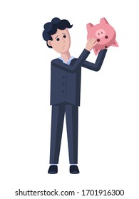 Poor businessman shakes empty piggy bank. Business ruin, poverty, lack of savings concept illustration. Isolated on white background. Stock vector illustration