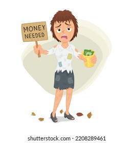 Poor businesswoman holding a tin cup with money asking for money, illustrator vector cartoon drawing