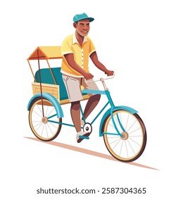 A poor character riding a bicycle taxi, flat illustration 
