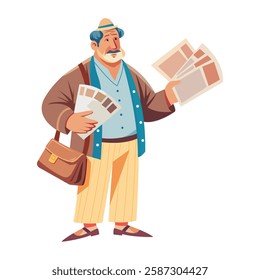 A poor character selling newspaper illustration in flat style 
