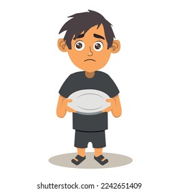 poor child feeling hungry, little boy holding empty plate. Vector illustration with isolated background.