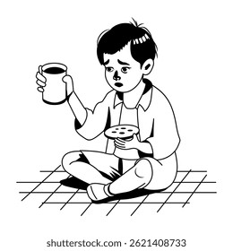 Criança pobre segurando uma ilustração de caixa em estilo de glifo 
