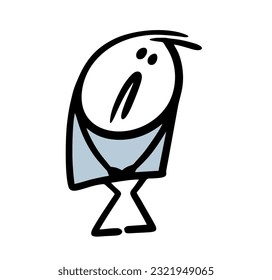 Poor child shrinks and wants to pissing. Vector illustration stickman needs to go to the toilet. Hand drawn stick figure character isolated on white background.