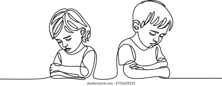 poor children working, child labor concept, sad girl and boy, one line Art icon drawing vector